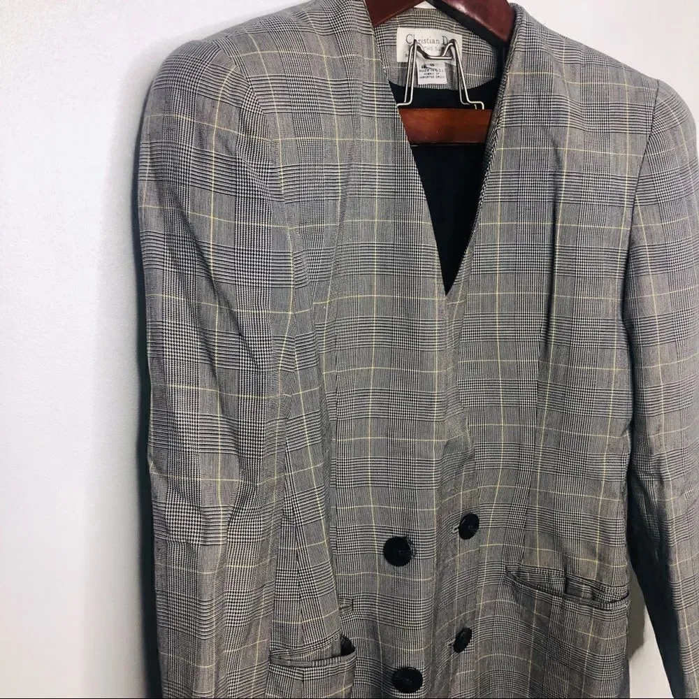 Christian Dior Vintage Plaid Check Button Blazer 8 Retro Double Structured Black